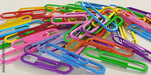 Colorful paperclips scattered randomly on a white background, showcasing a variety of bright hues and overlapping arrangements.
