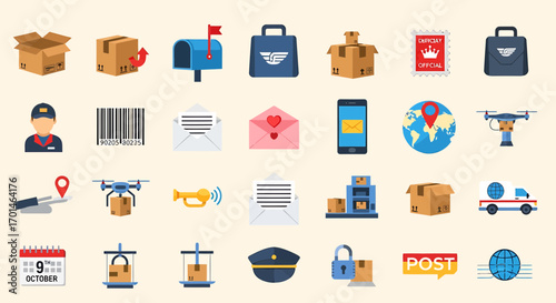 A colorful set of vector icons depicting various aspects of postal service and delivery, includes packages, mailboxes, drones, envelopes, and other related elements