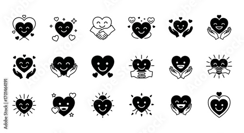 Set of cute heart characters with smiling faces and hands, expressing love, care, and support, perfect for valentines day, charity, and mental health themes