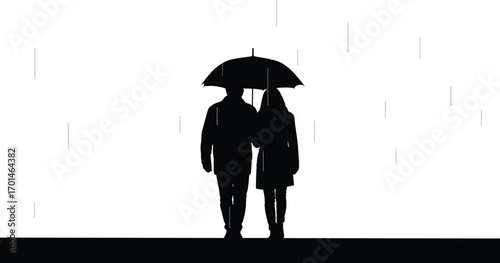 Silhouette of couple walking under umbrella in rain, romantic scene with love, protection, togetherness, weather, relationship, affection, support, and intimacy