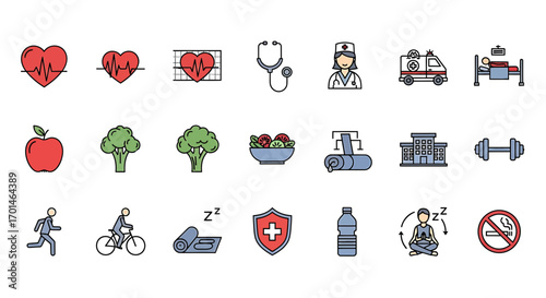 This vector illustration showcases a collection of health and wellness icons, representing various aspects of healthy living, medical care, and lifestyle choices in a minimalist style