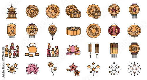 Midautumn festival illustration set featuring traditional elements collection of linear symbols representing mooncakes, lanterns, pagodas, and family gatherings for cultural designs