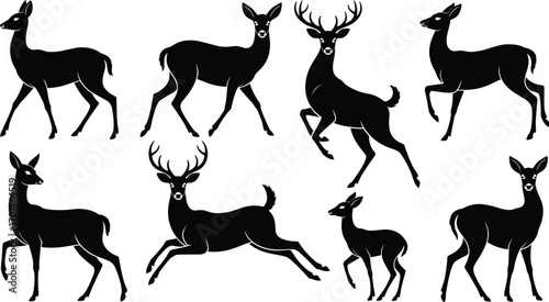 Deer silhouettes collection, wild deer, running deer, standing deer, stag with antlers, black vector illustration, forest animal artwork, nature design