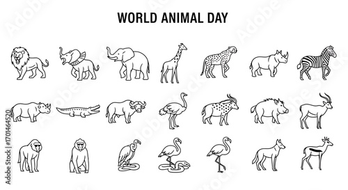 World animal day line drawing of various animals includes lion, elephant, giraffe, cheetah, rhino, zebra, crocodile, buffalo, ostrich, antelope, gorilla, vulture, flamingo, jackal, and more
