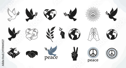 Collection of peace and harmony symbols includes dove, heart, earth, handshake, peace sign, and olive branch in hand drawn line art style for various design applications
