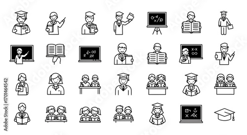 Illustration set of education and school related icons collection of linear symbols representing teachers, students, classrooms, and learning materials for educational designs