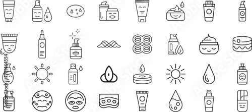 Skin Care Line Icons Set – Moisturizer Cream, Acid, Anti-Wrinkle Serum, Ceramide, Collagen, Retinol, Sunscreen  Vector Illustration with Editable Stroke