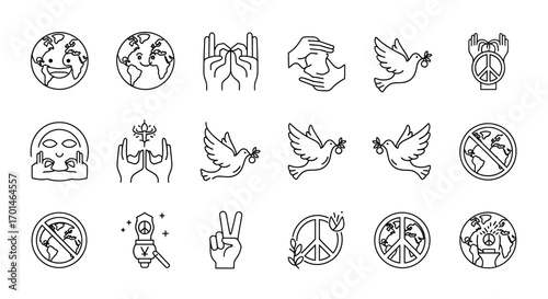 Illustration set of peace and harmony related icons collection of linear symbols representing doves, earth, hands, and peace signs for advocacy and awareness designs
