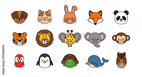 A charming collection of colorful cartoon animal heads featuring beloved wildlife like a panda, tiger, elephant, and more, perfect for children's designs and educational resources