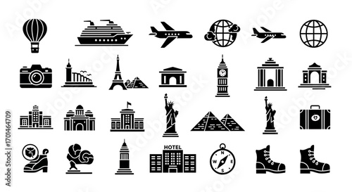 Travel and tourism icon set collection of famous landmarks, transportation, and travel related icons perfect for travel agencies, tour operators, and travel blogs and websites