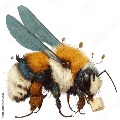 Detailed artistic illustration of a fuzzy bumblebee in flight.