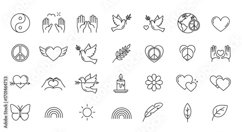 Peace and love icon set collection of peace and love related icons perfect for peace movements, love campaigns, and social justice initiatives dove, heart, rainbow, feather and more