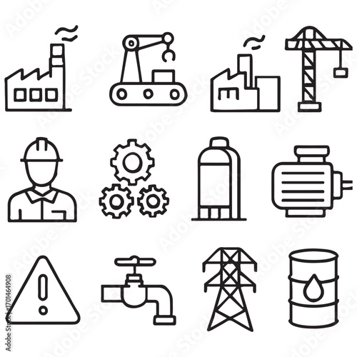 Industry line icon set. Featuring production, manufacturing, construction, engineering, industrial, engine vector