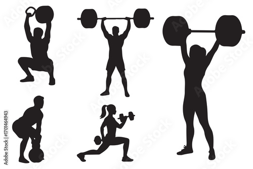 Five black silhouettes of people lifting weights and exercising