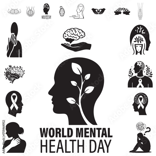World Mental Health Day Icons Set Featuring Brain Wellness Awareness Support and Emotional Care Illustrations in Black and White Silhouette Style