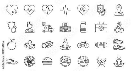 Set of healthcare and healthy lifestyle icons includes medical symbols, healthy food choices, exercise equipment, and wellness activities, perfect for healthrelated designs and educational materials