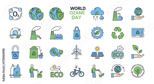 World ozone day vector linear design concept set of ozone molecule, earth with shield, cloud with rain, factory, hand holding earth, car, recycle, monitor, lock, plant, wind turbine