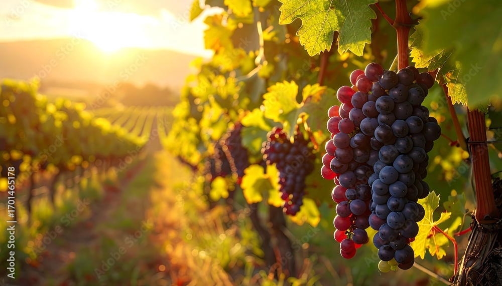 Fototapeta premium Clusters of plump, dark red grapes hang heavy against a backdrop of sun-drenched vineyards.