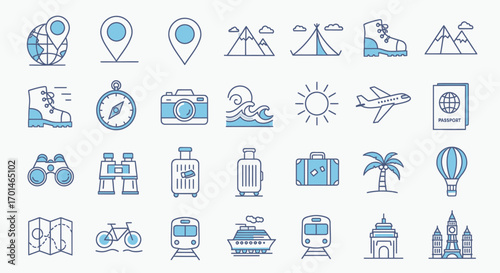 Collection of travel icons showcasing various aspects of tourism, adventure, and exploration, including landmarks, transportation, and essential travel gear