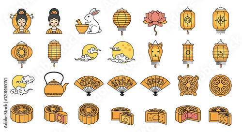Collection of midautumn festival icons, showcasing traditional elements such as mooncakes, lanterns, the moon goddess, and jade rabbit, celebrating the harvest season