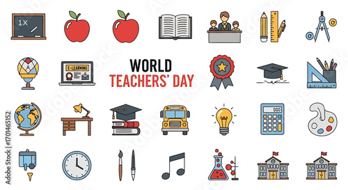 Set of linear glyph icons related to books, literature, and the celebration of reading as a daily pastime and learning activity