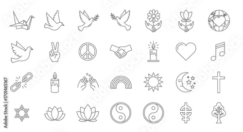 A set of thin line vector icons representing peace, love, and unity, includes symbols like a dove, peace sign, handshake, heart, rainbow, sun, moon, and religious icons for various faiths