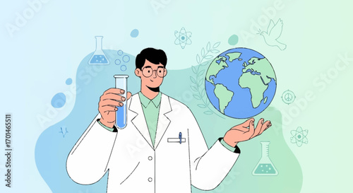 Exploring global solutions through science, a male chemist with the Earth symbolizing environmental care and discovery