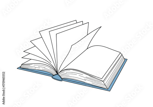 An open book revealing its pages and chapters in motion illustration style