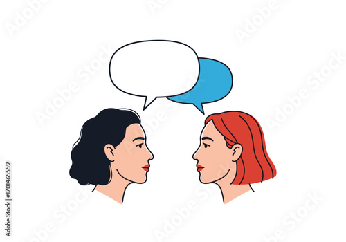 Two women engaged in a conversation with speech bubbles above their heads symbolizing communication and dialogue