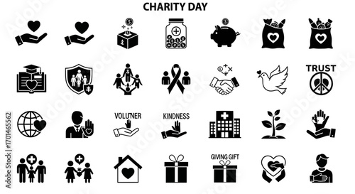 Charity and donation solid glyph icon set representing philanthropy, volunteering, kindness, and community support