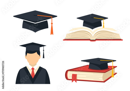 Academic graduation caps and books representing higher education and achievement