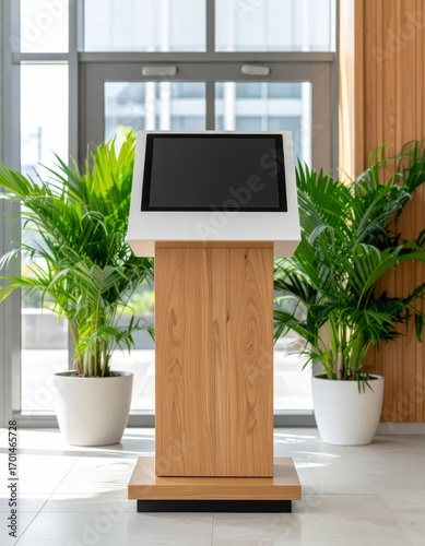 Information Kiosk with Digital Screen Surrounded by Green Plants Inside Building near Window