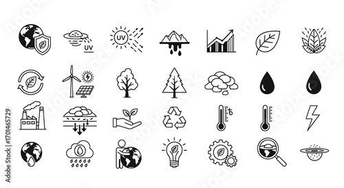 Set of linear icons on the theme of ecology and environmental protection, includes icons such as renewable energy, pollution, climate change, recycling, and more