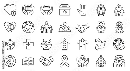Charity and donation line icon set vector outline symbol collection contains icons as heart, gift, box, hand, people, family, handshake, flower, cross, shirt, dove, book, ribbon, support