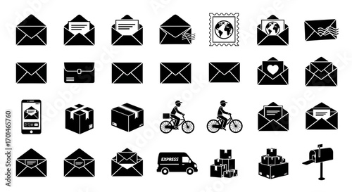 Set of black and white vector images of envelopes and delivery, includes icons such as letter, mail, message, postman, bicycle, express delivery, package, box and more