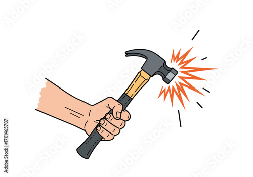 Hand holding a hammer striking an object with force and sparks flying