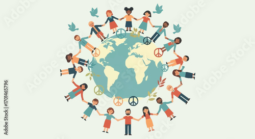 A circle of diverse children holding hands around planet Earth, symbolizing global unity, peace, and multicultural friendship