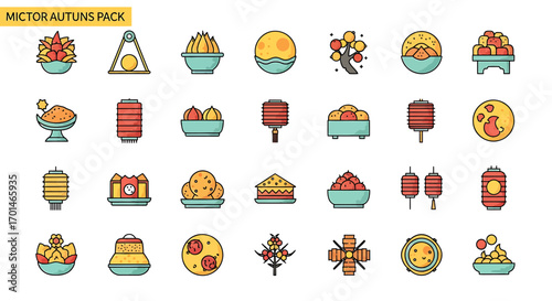A delightful vector illustration showcases a vibrant collection of autumnthemed icons, featuring an array of traditional chinese elements such as lanterns, mooncakes, and seasonal fruits