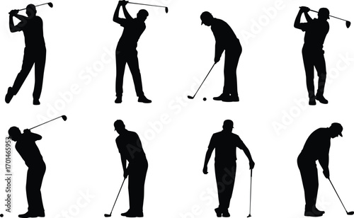 Golf player silhouette, man swinging club, sports activity, golfing action, outdoor recreation, professional athlete, golf tournament, leisure game, fitness exercise