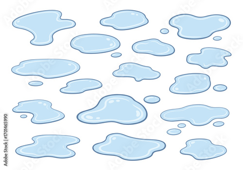 Various shapes of clear blue water puddles and splashes on a white background