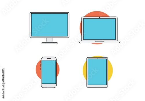 Set of modern digital devices screen displays technology gadgets flat design vector illustration