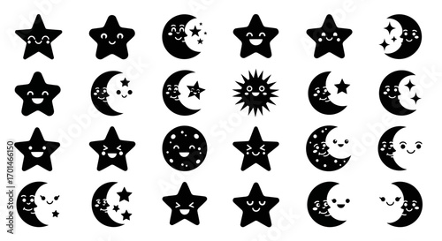 Set of cute cartoon moon and stars collection of celestial bodies with funny faces vector illustration of night sky elements for kids design, prints, and decorations