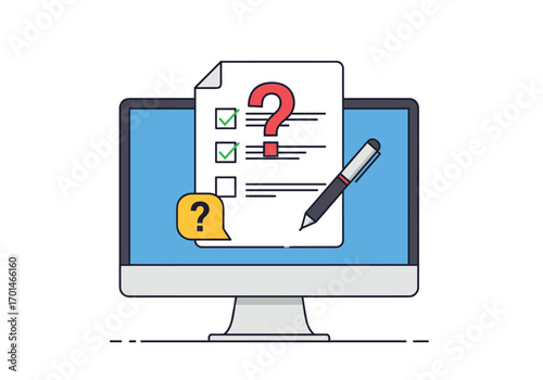 Online survey questionnaire form development with pen and checklist on computer screen