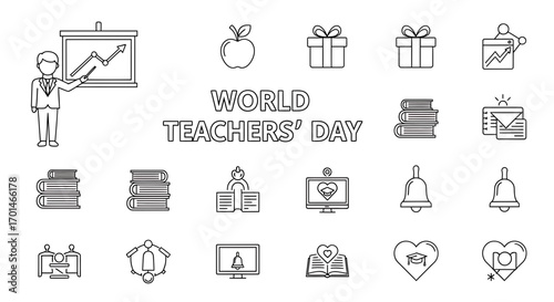 World teachers day line icon set collection of educational symbols and elements for celebrating teachers and education vector illustration of school supplies and learning concepts