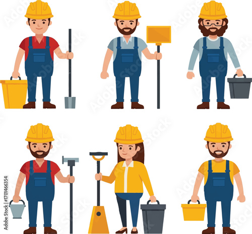 Collection of cartoon construction worker characters
