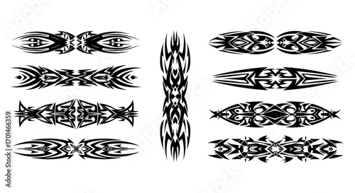 Set of tribal tattoo designs collection of various symmetrical and asymmetrical patterns for body art, decoration, or graphic elements ornate and bold vector illustration