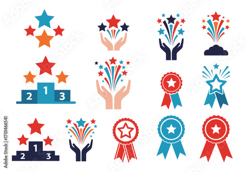 Award ribbons stars medals podium victory celebration achievement recognition competition success graphic icons