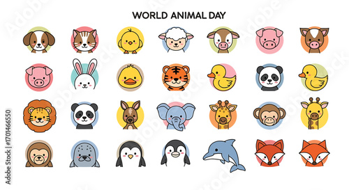 Collection of cute animal icons for world animal day these icons represent various animals, including mammals, birds, and reptiles, in a playful and colorful style