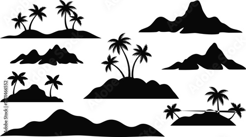 Island silhouettes with palm trees, tropical landscape vector, beach mountain design, exotic vacation background, summer holiday illustration, paradise nature scenery