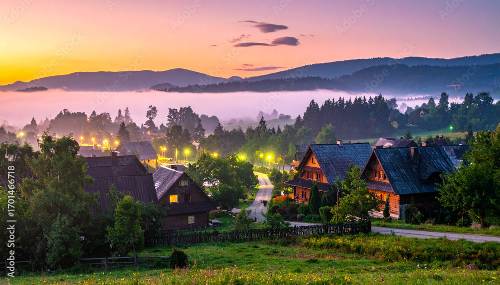 Fototapeta premium Fairy-tale mountain village in foggy sunrise light